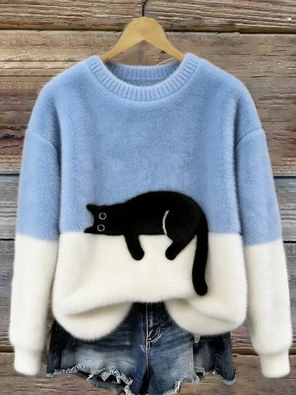 Pull motif chat bleu jean