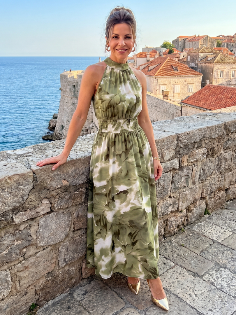 Robe Midi à Taille Froncée et Imprimé Abstrait OLIVIA