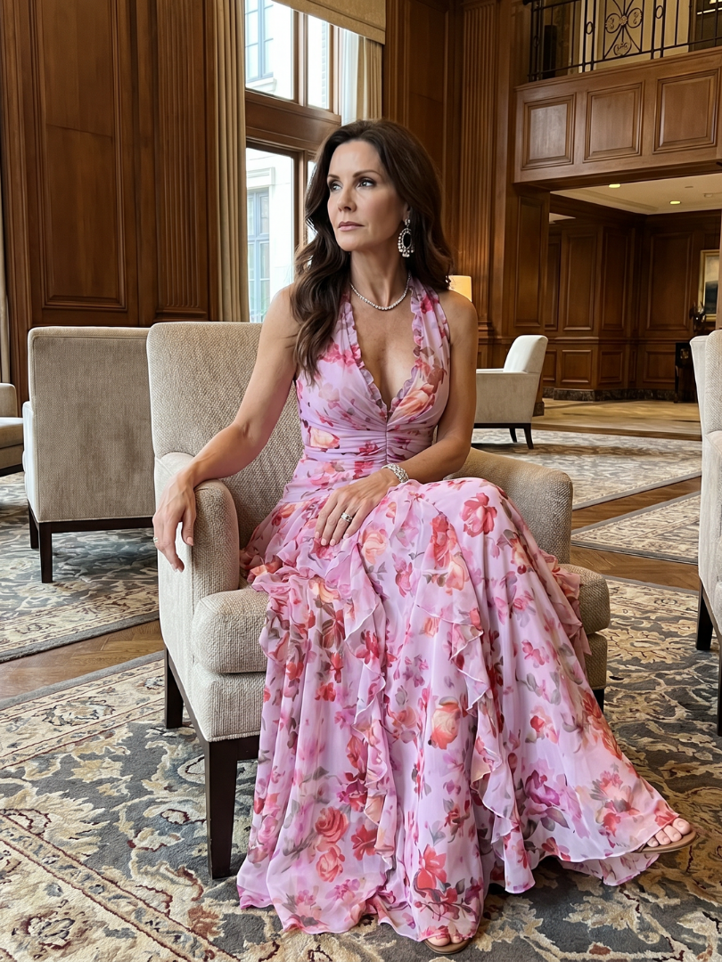 Robe Longue Florale à Col Halter et Buste Froncé NORI