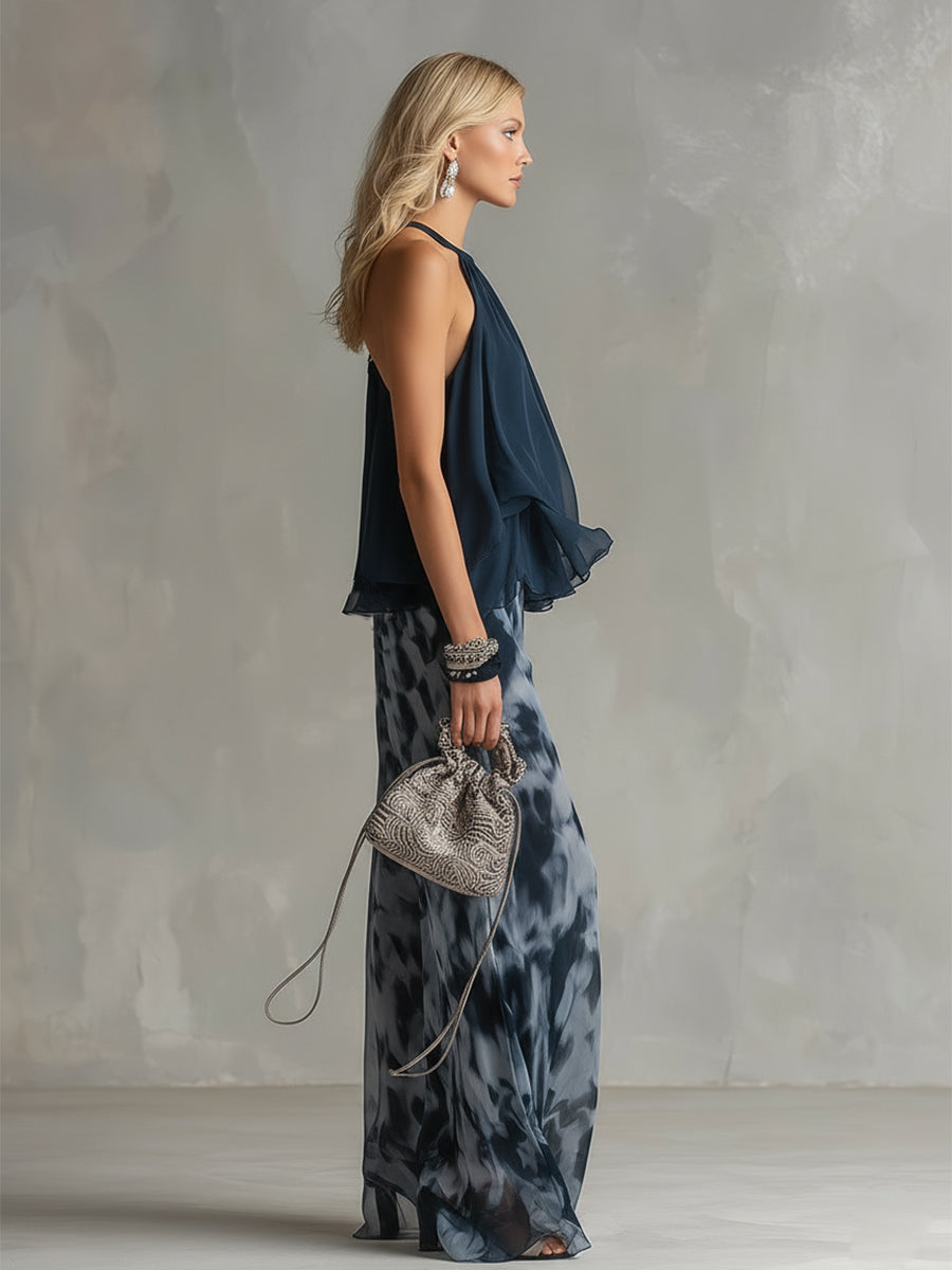 Ludovica – Ensemble en chiffon élégant avec haut à col montant et pantalon imprimé à jambes larges • S1