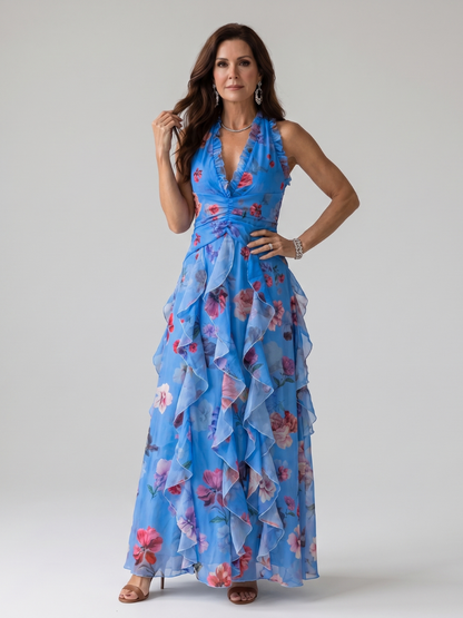 Robe Longue Florale à Col Halter et Buste Froncé NORI