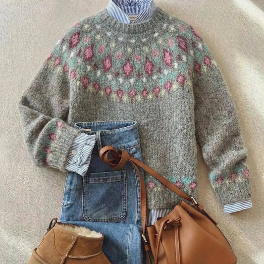 Solara | Pull à empiècement jacquard Fair Isle rose