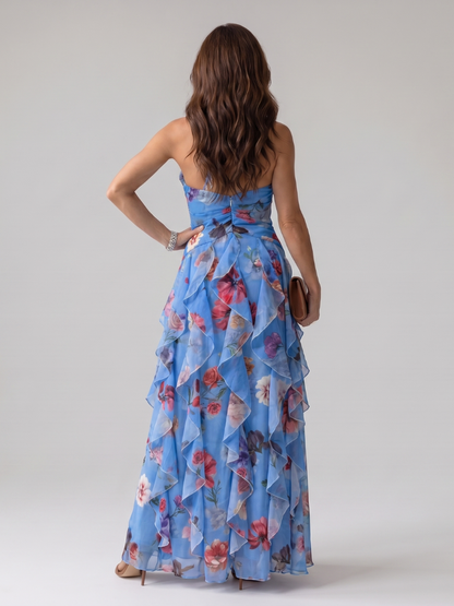 Robe Longue Florale à Col Halter et Buste Froncé NORI