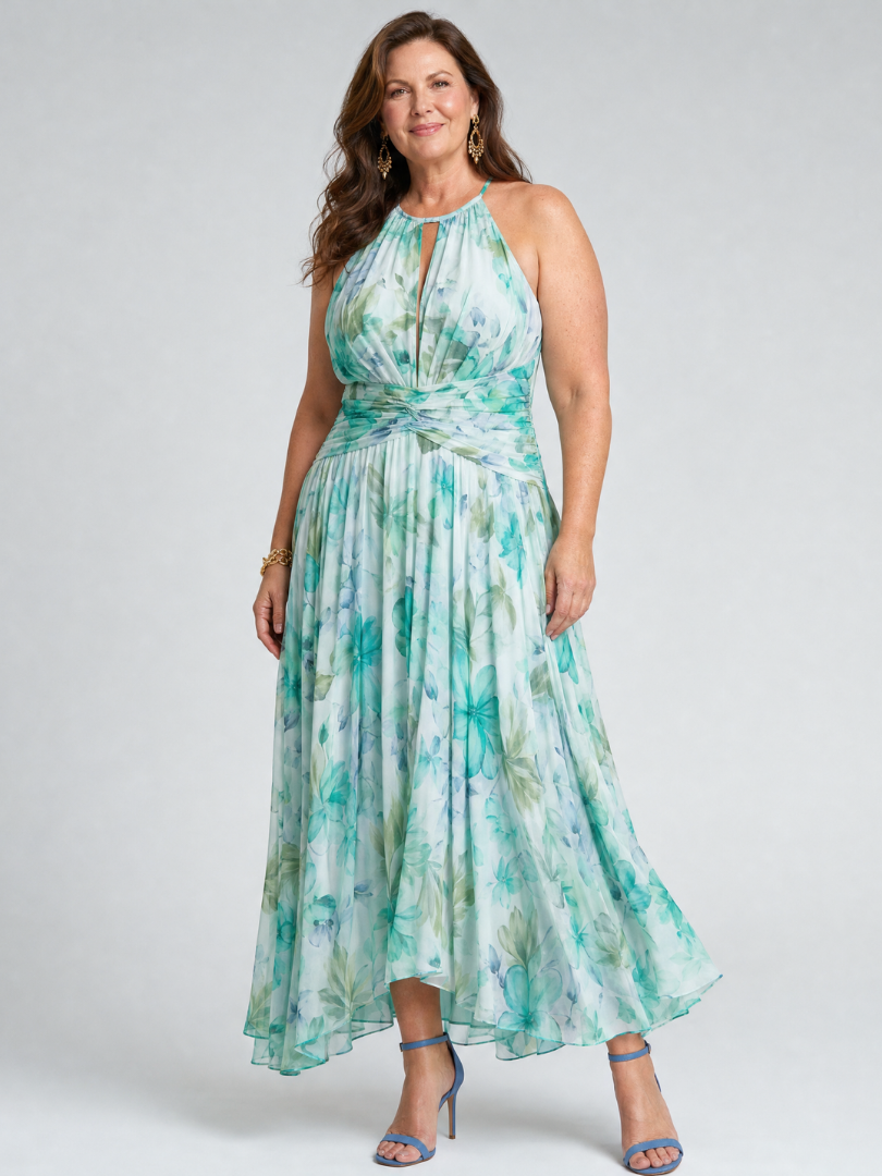 Robe Midi Plissée à Col Halter et Motif Floral Doux PORTIA