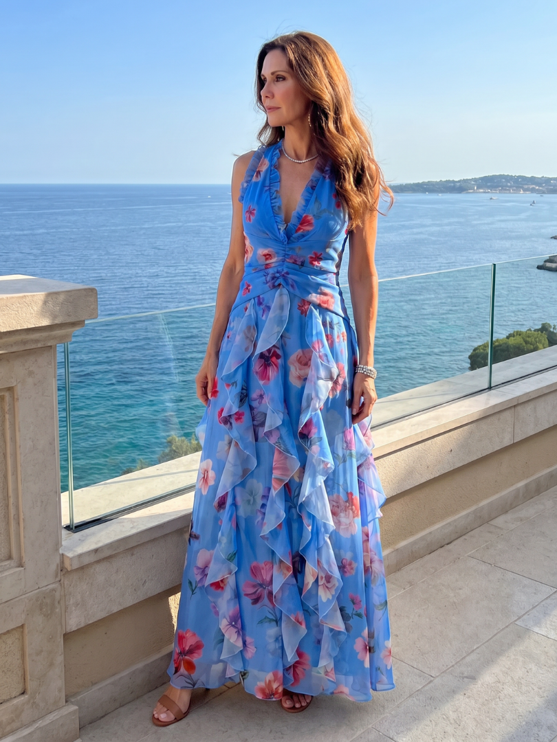 Robe Longue Florale à Col Halter et Buste Froncé NORI