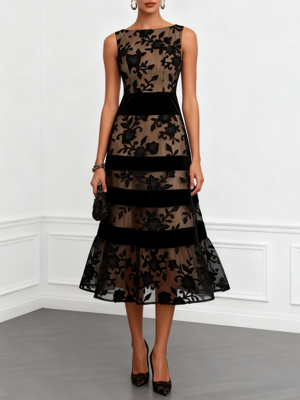 Robe midi évasée sans manches en résille noire à motifs floraux
