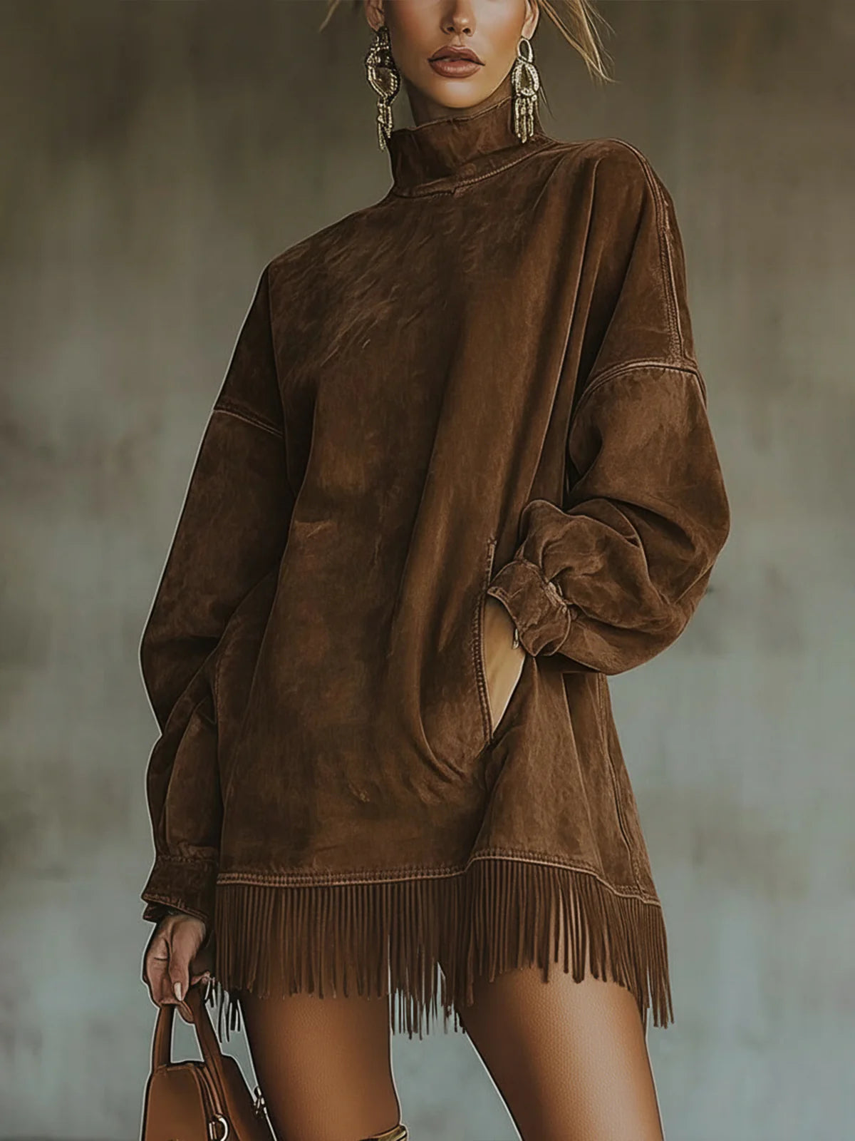Gabriela | Robe en suédine à col montant et franges