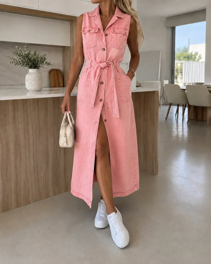 Harper | Robe midi en denim sans manches à ceinture