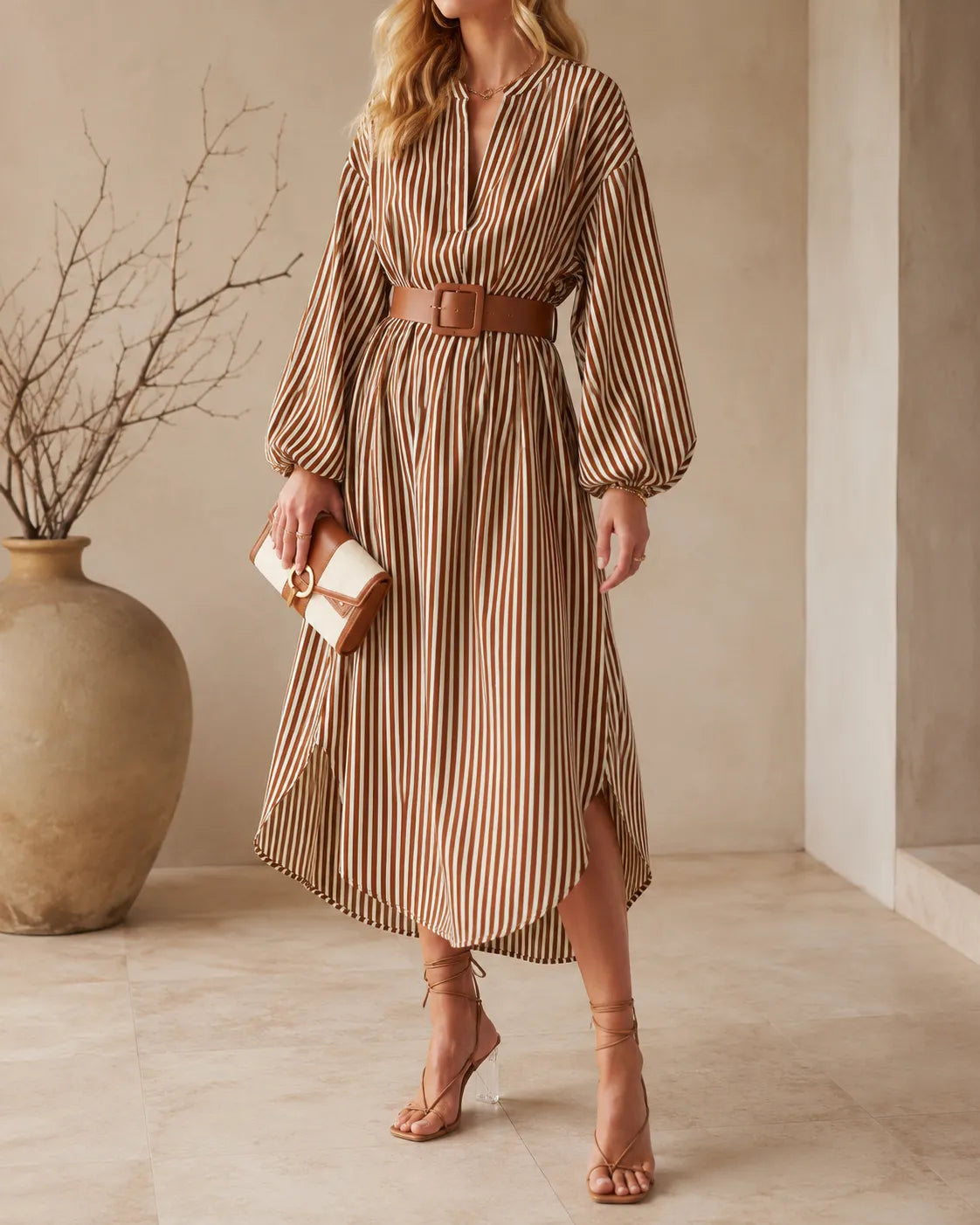 Roma | Robe chemise midi rayée à ceinture