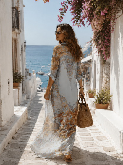 Robe longue en mousseline bleue à fleurs, style baroque