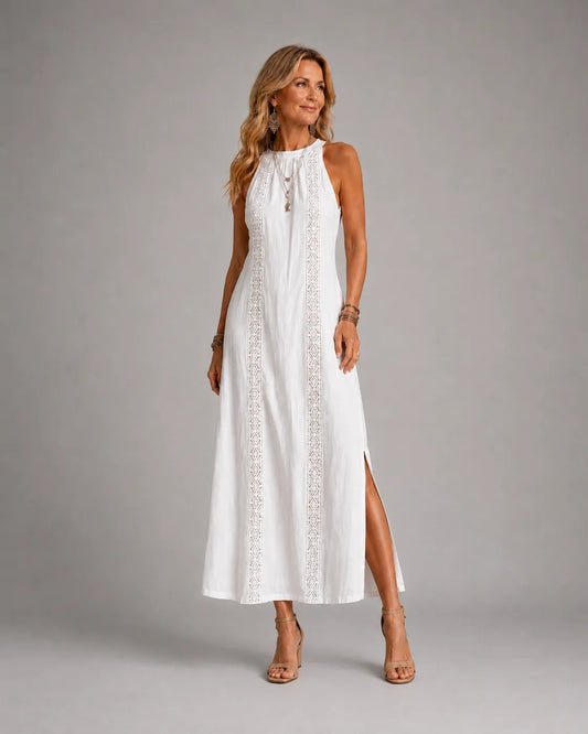 Jimena | Robe midi décontractée brodée à col mao