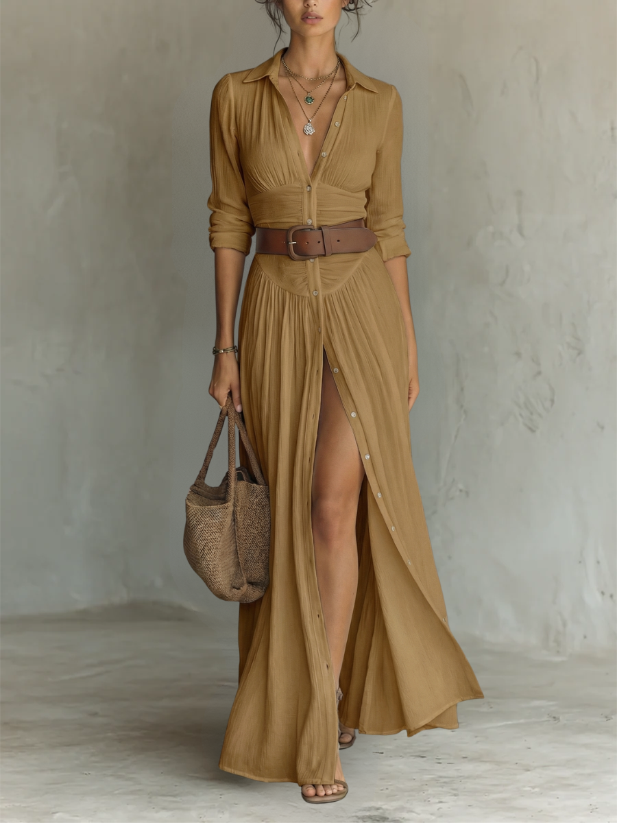 Robe longue à coupe maxi avec col à revers cranté et manches longues pour femmes