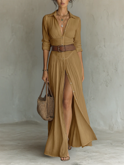 Robe longue à coupe maxi avec col à revers cranté et manches longues pour femmes
