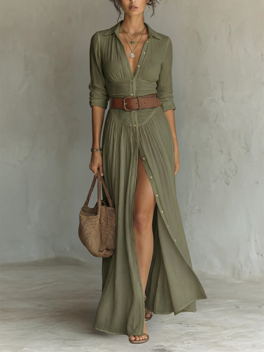Robe longue à coupe maxi avec col à revers cranté et manches longues pour femmes