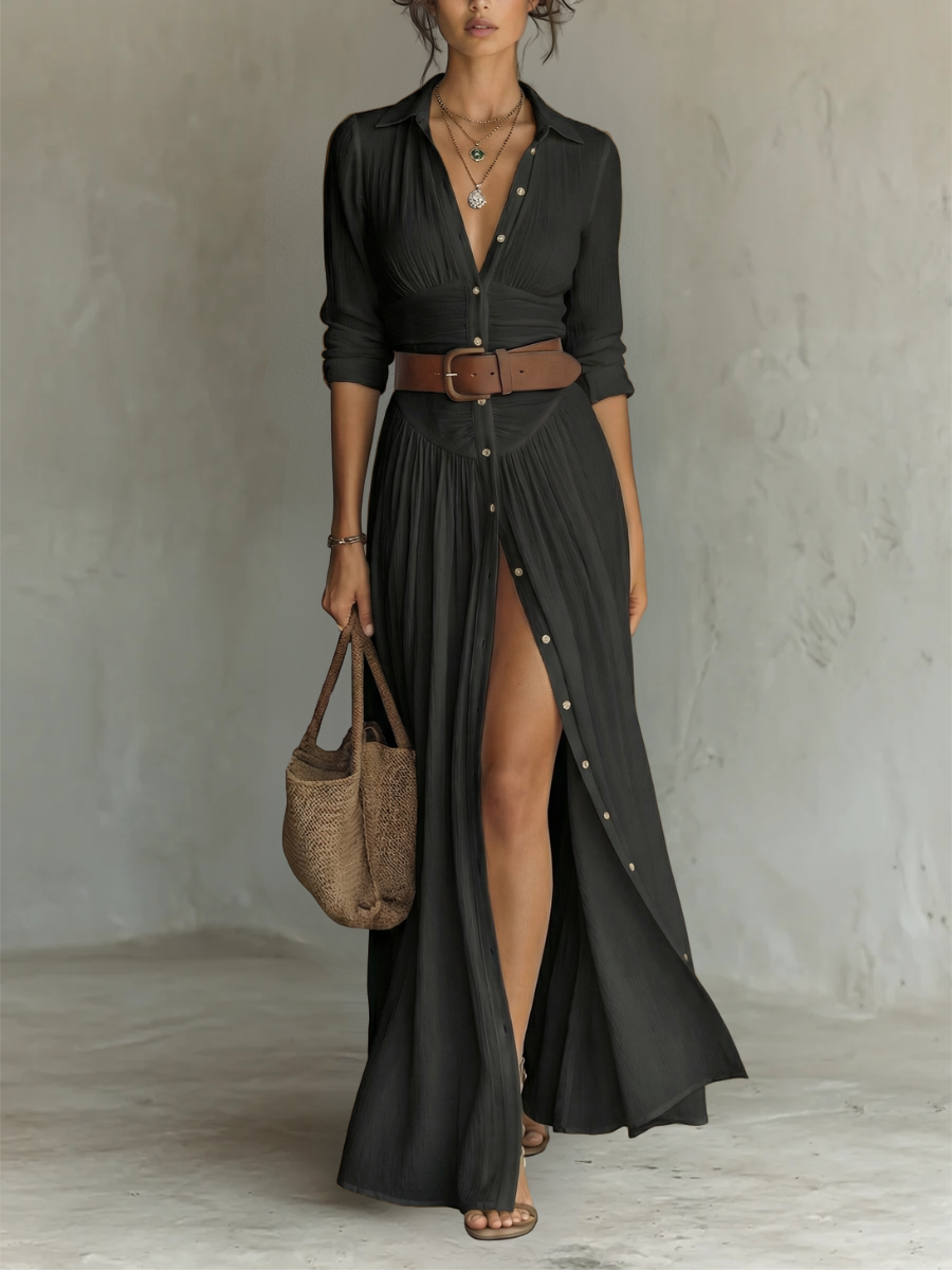 Robe longue à coupe maxi avec col à revers cranté et manches longues pour femmes