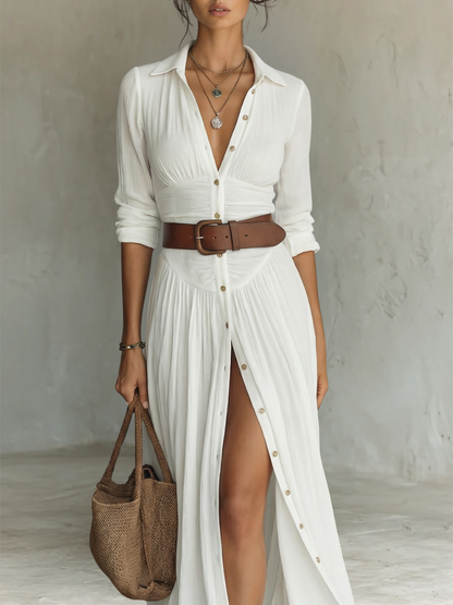 Robe longue à coupe maxi avec col à revers cranté et manches longues pour femmes