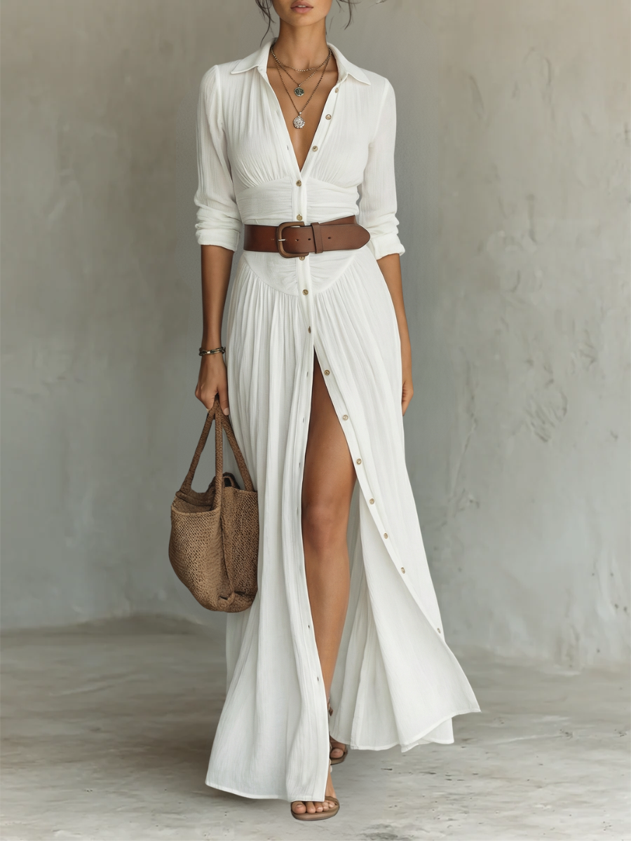 Robe longue à coupe maxi avec col à revers cranté et manches longues pour femmes