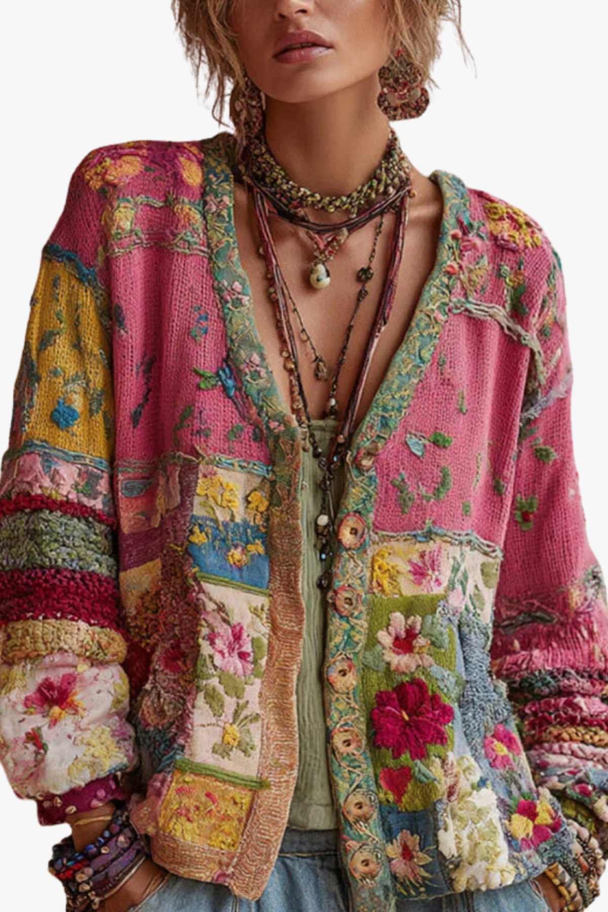 Cardigan en Maille Patchwork Fleuri PETRONELLA