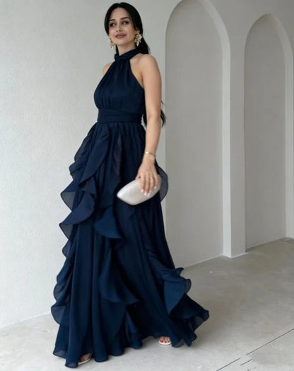 Robe Longue à Col Montant et Volants Superposés OREA