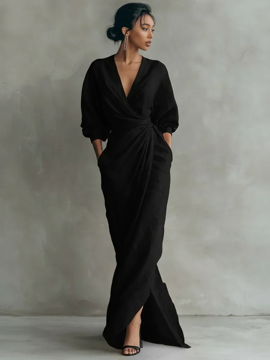 Robe Longue Drapée à Col V LELIA