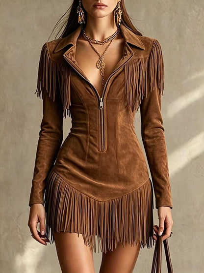 Josephine | Robe mini en daim à franges, manches longues, style Western, rétro américain