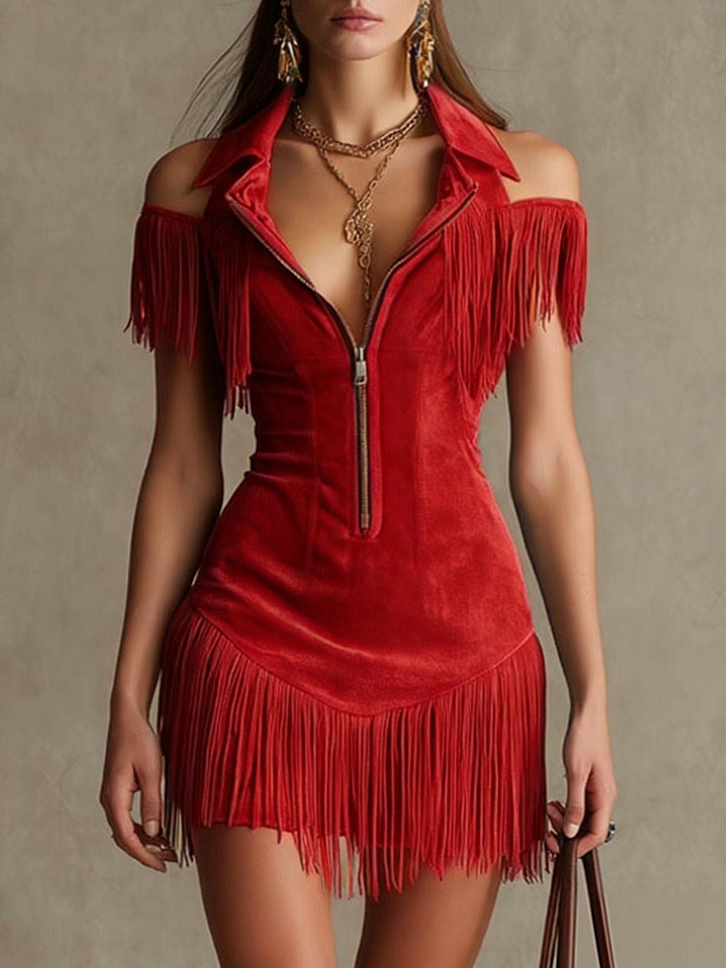 Julia | Robe western en daim rétro américain à glands et à épaules dénudées