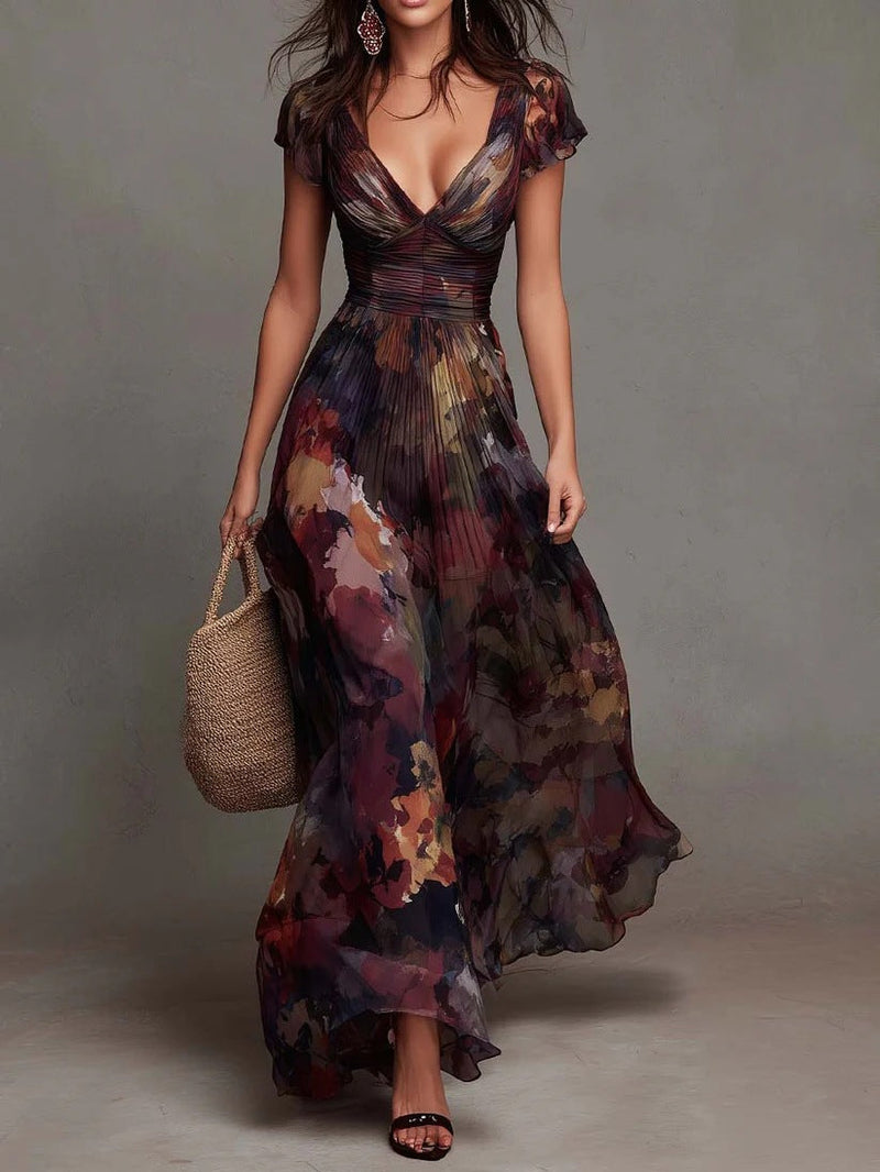 Robe maxi plissée à encolure en V, imprimé floral aquarelle