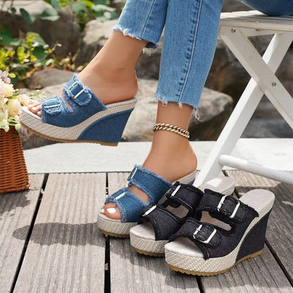 Sandales en denim Elara à talons compensés