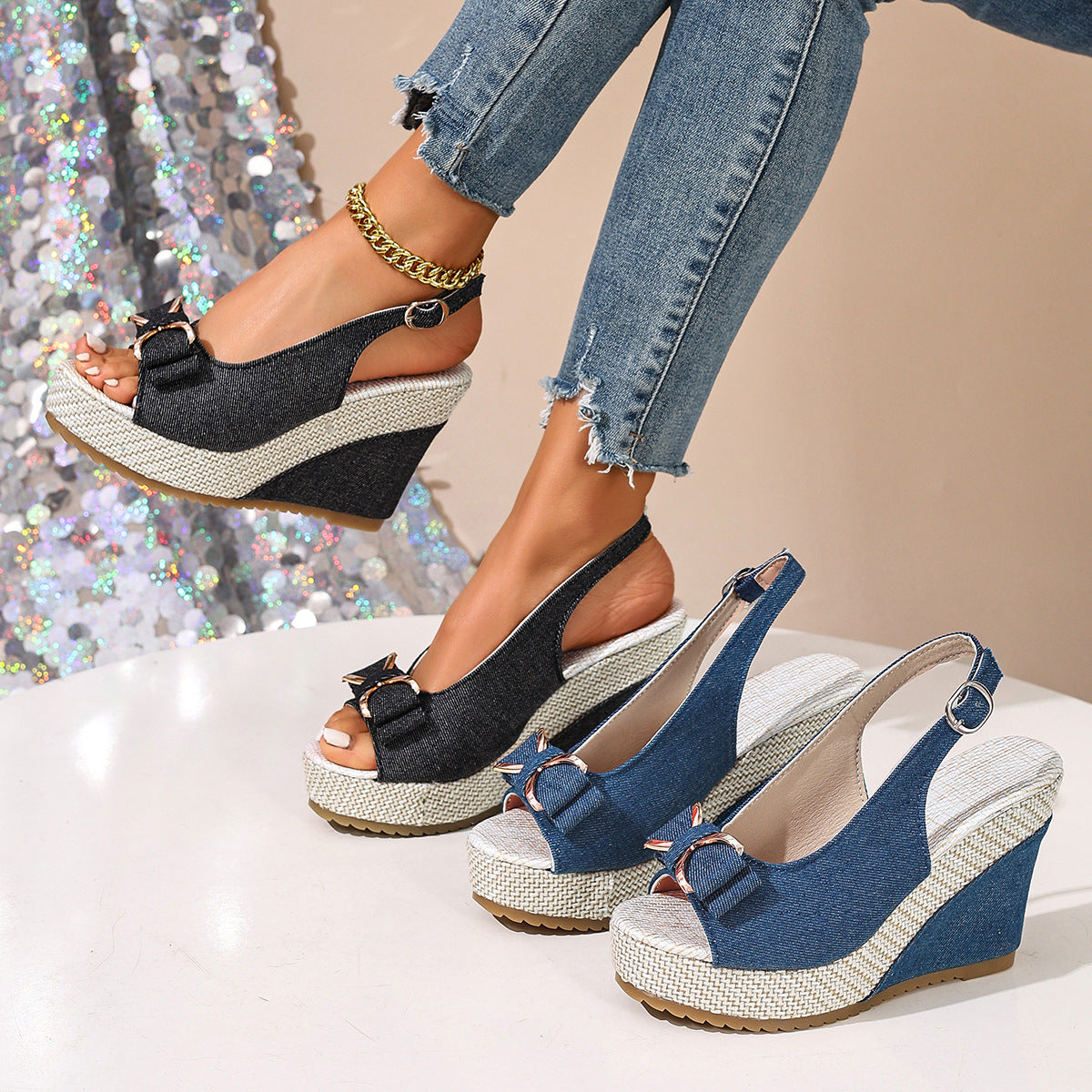 Celeste sandales compensées en denim avec nœud