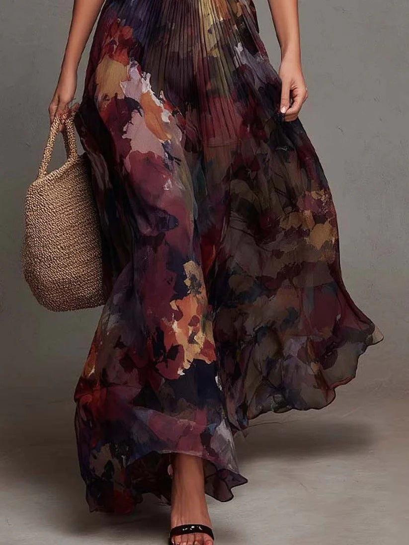 Robe maxi plissée à encolure en V, imprimé floral aquarelle