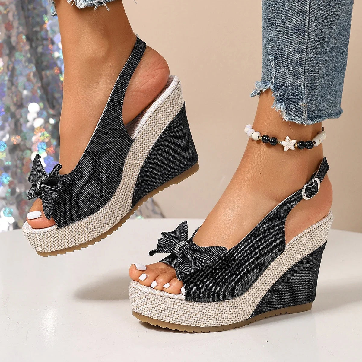 Sandales compensées en denim Anna