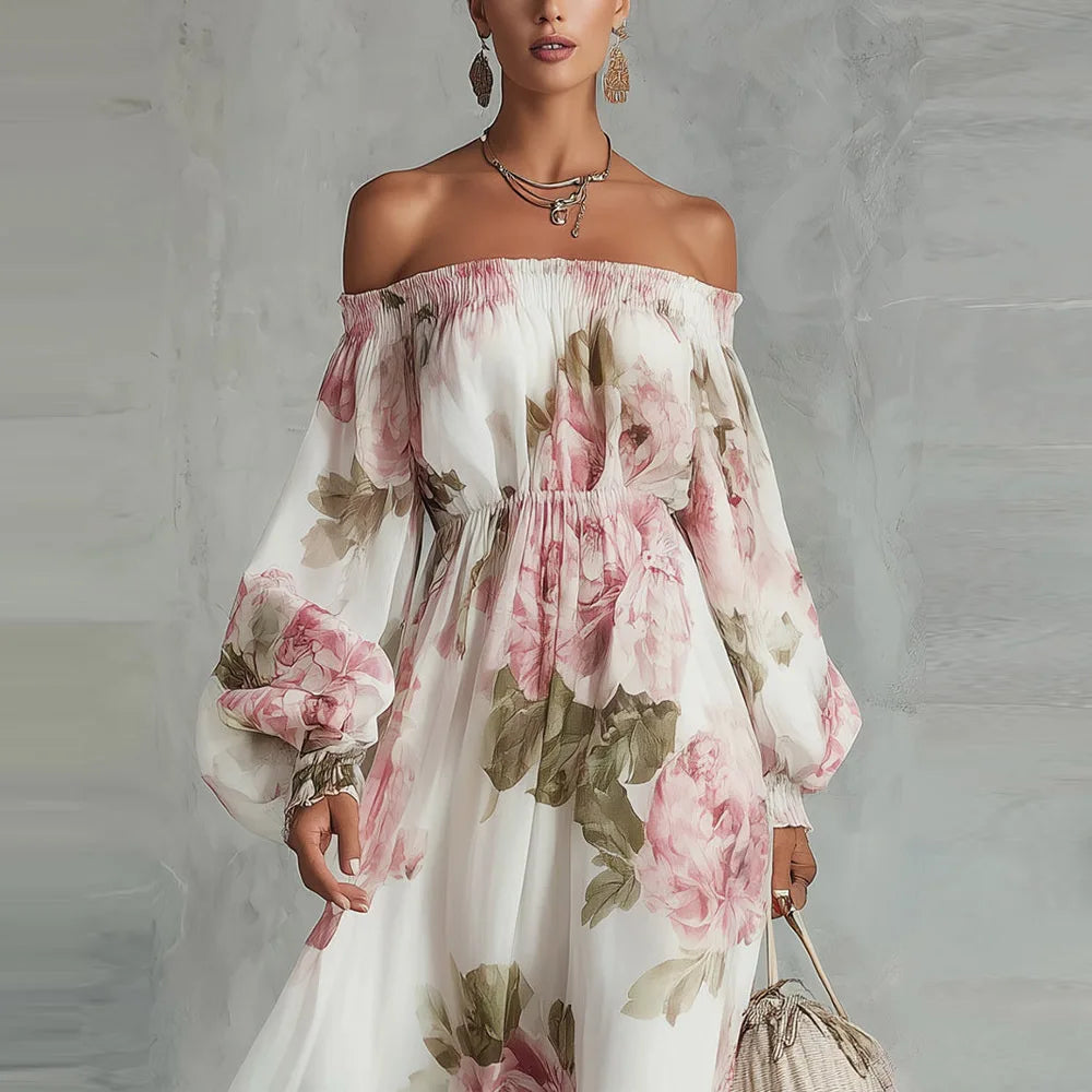 Payton | Robe maxi à épaules dénudées à fleurs, manches longues