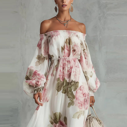 Payton | Robe maxi à épaules dénudées à fleurs, manches longues