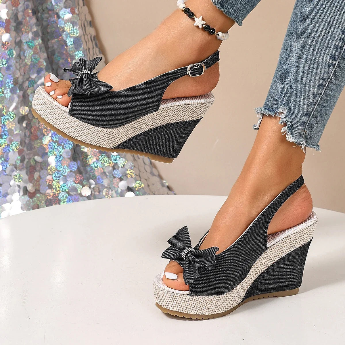 Sandales compensées en denim Anna