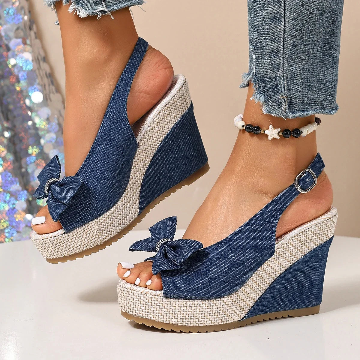 Sandales compensées en denim Anna
