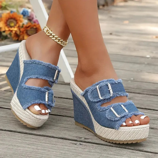 Sandales en denim Elara à talons compensés