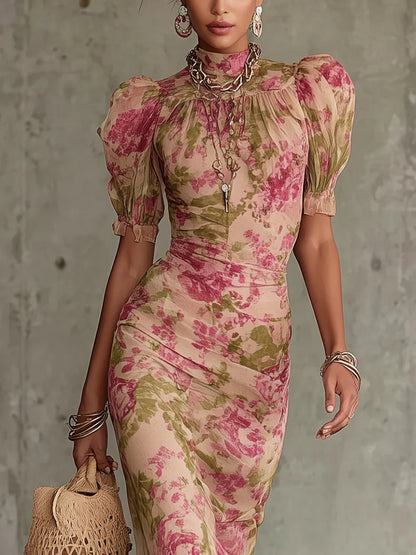 Robe maxi à motif de roses vintage à manches bouffantes (accessoires non inclus)