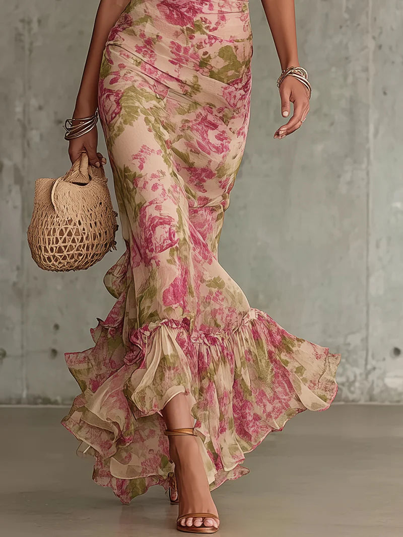 Robe maxi à motif de roses vintage à manches bouffantes (accessoires non inclus)