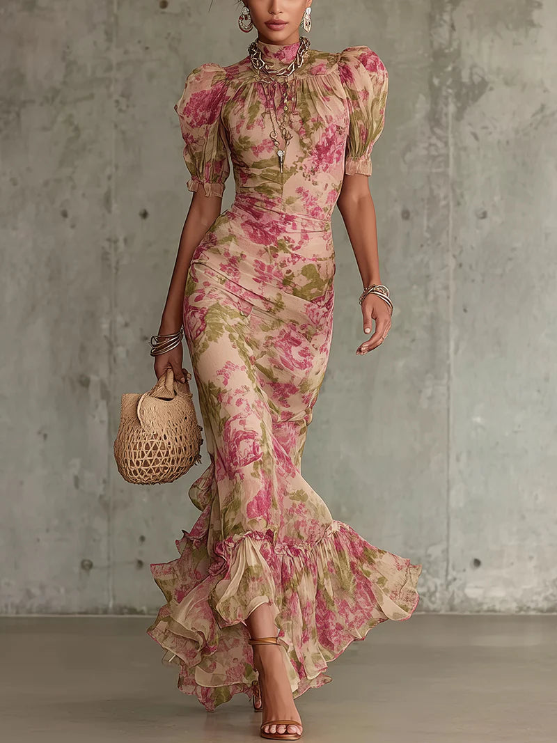 Robe maxi à motif de roses vintage à manches bouffantes (accessoires non inclus)