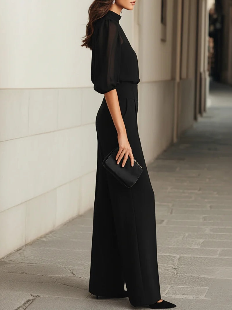 Valentina • Ensemble noir trois pièces avec haut camisole transparent et pantalon à jambes larges • S1