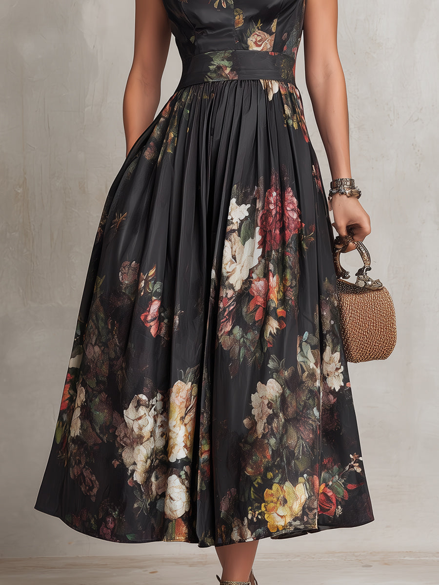 Robe midi en satin noir plissé à col clé et imprimé floral