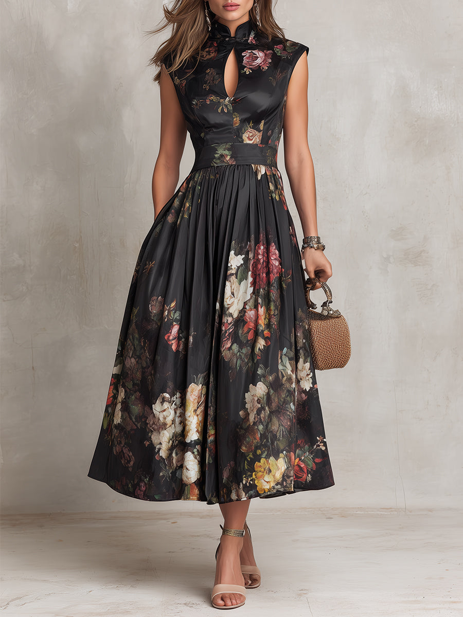 Robe midi en satin noir plissé à col clé et imprimé floral