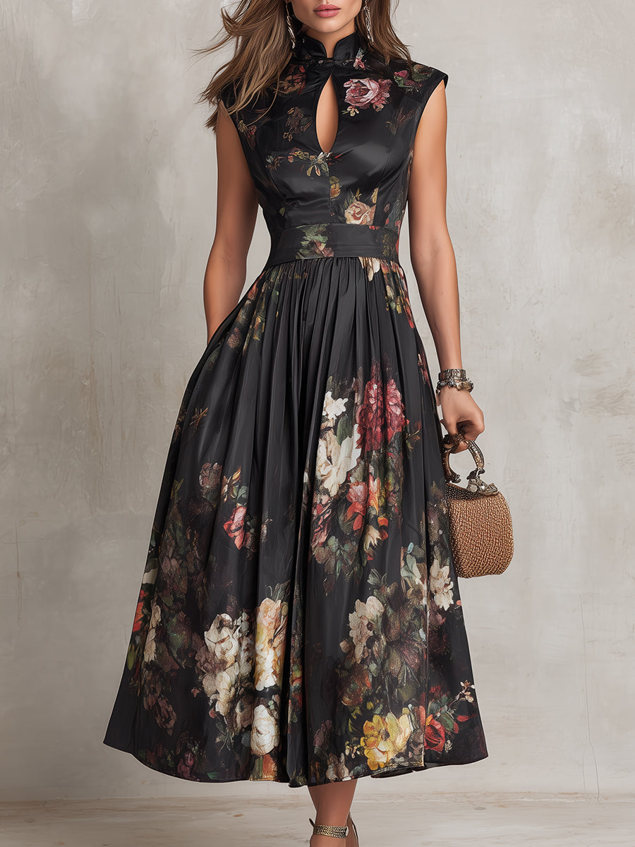 Robe midi en satin noir plissé à col clé et imprimé floral