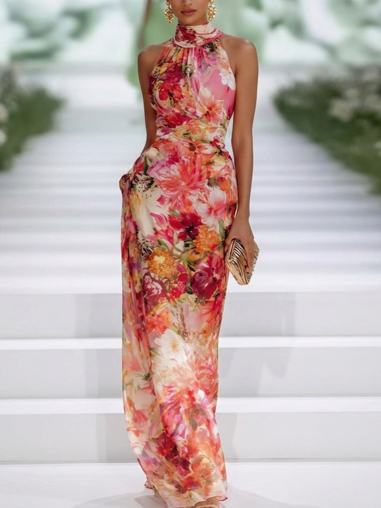 Robe maxi en chiffon rouge à fleurs à col halter sans manches