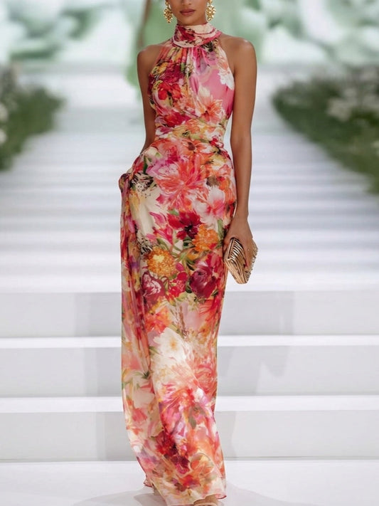 Robe maxi en chiffon rouge à fleurs à col halter sans manches