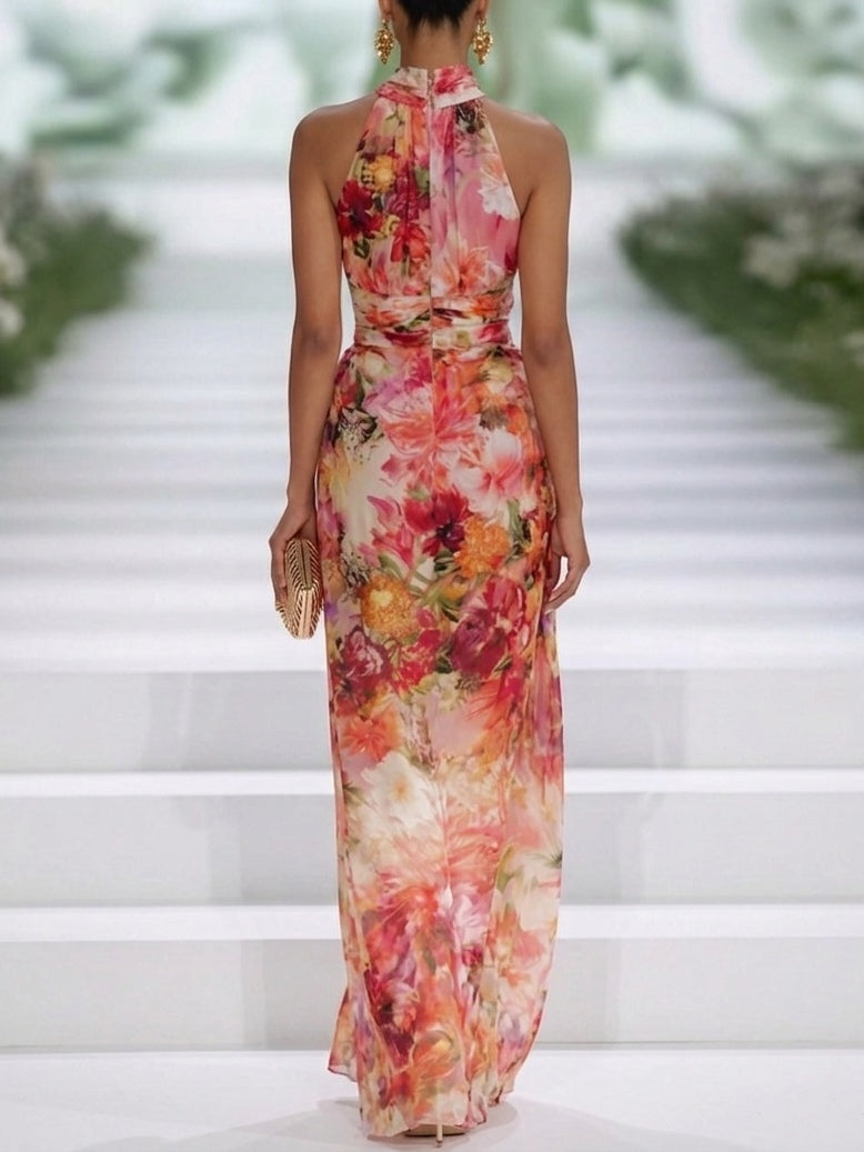 Robe maxi en chiffon rouge à fleurs à col halter sans manches