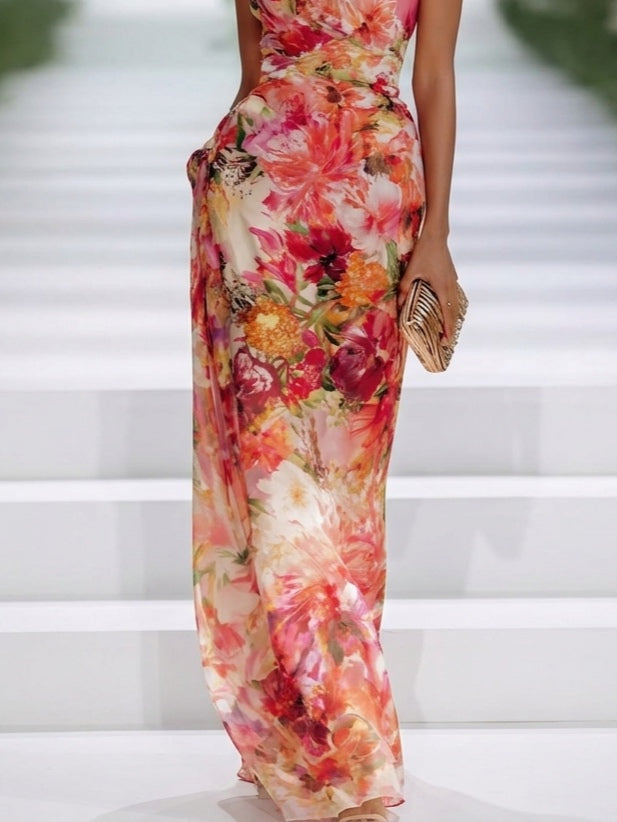 Robe maxi en chiffon rouge à fleurs à col halter sans manches