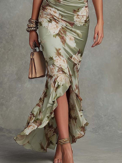 Robe maxi asymétrique en satin à motif floral vert, manches cloche à volants et décolleté en V