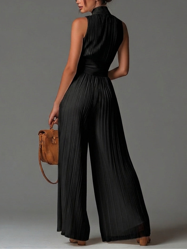 Combinaison noire sans manches zippée plissée à jambes larges en chiffon