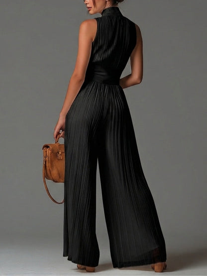 Combinaison noire sans manches zippée plissée à jambes larges en chiffon